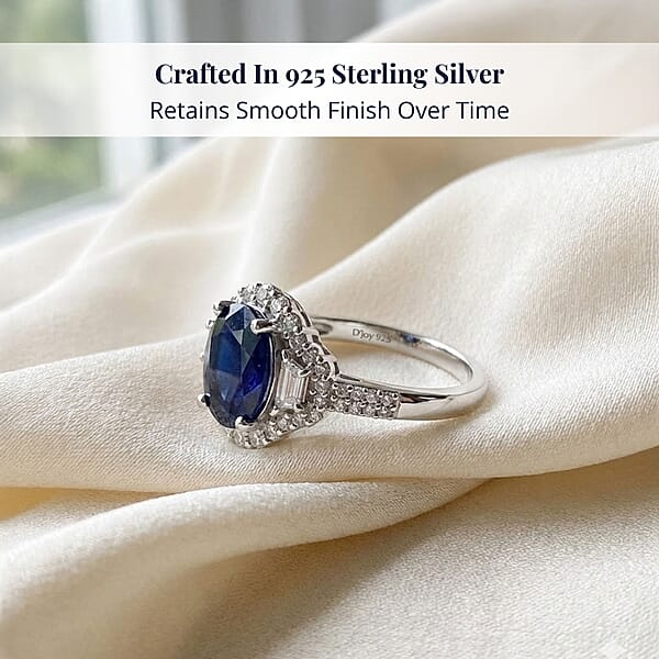 D'Joy Kanchanaburi Blue Sapphire (DF) White Zircon Ring In Rhodium Over Sterling Silver 4.30 Ctw