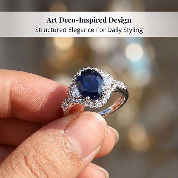 D'Joy Kanchanaburi Blue Sapphire (DF) White Zircon Ring In Rhodium Over Sterling Silver 4.30 Ctw