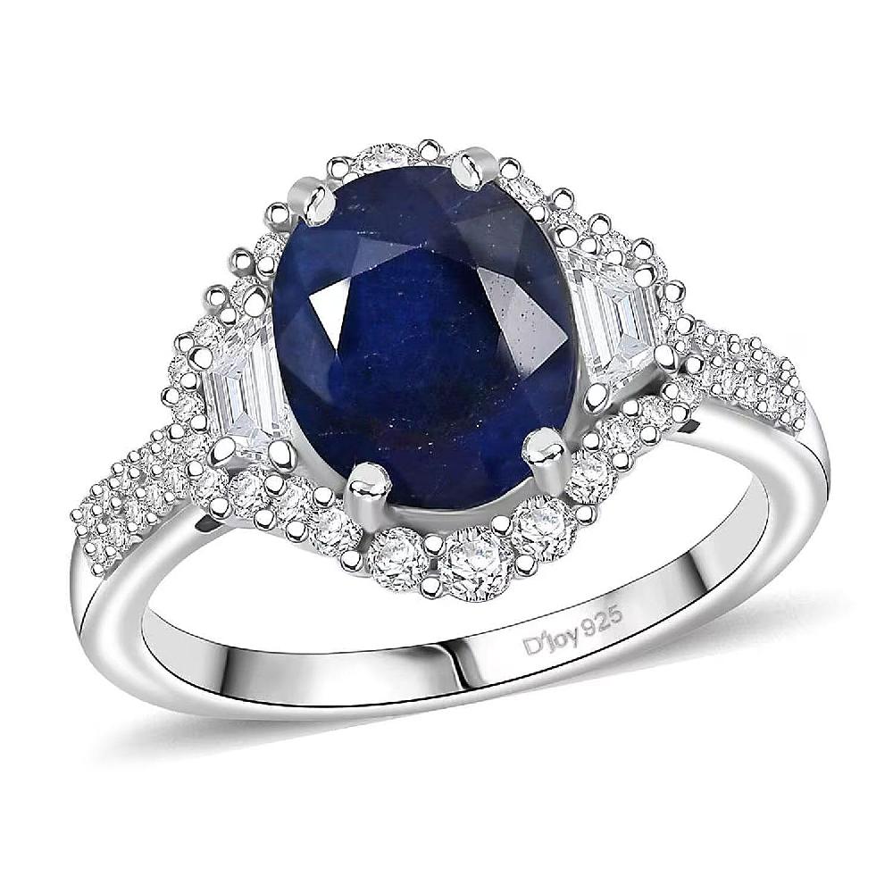 D'Joy Kanchanaburi Blue Sapphire (DF) White Zircon Ring in Rhodium Over Sterling Silver 4.30 ctw