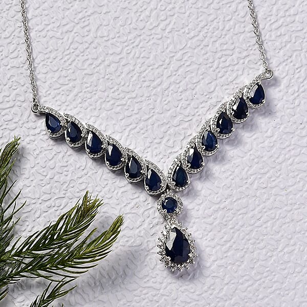 D'Joy Kanchanaburi Blue Sapphire White Zircon Necklace In Rhodium Over Sterling Silver 9.20 Ctw (18 Inches)