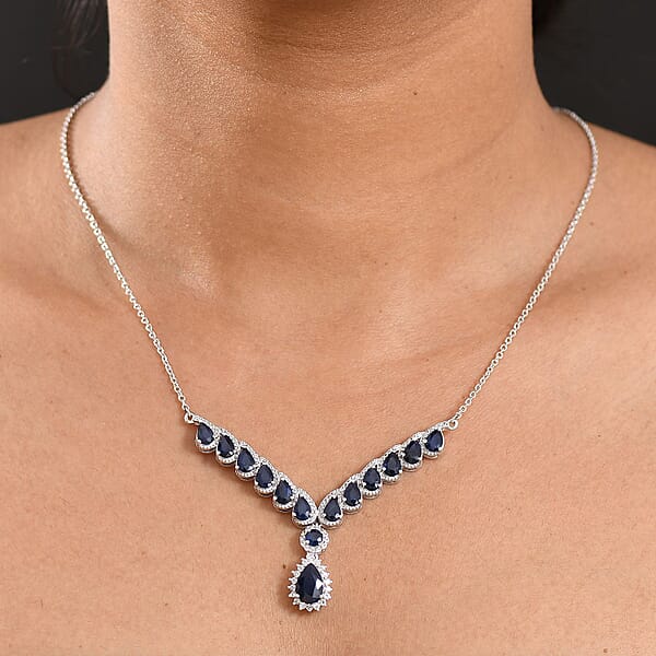 D'Joy Kanchanaburi Blue Sapphire White Zircon Necklace In Rhodium Over Sterling Silver 9.20 Ctw (18 Inches)