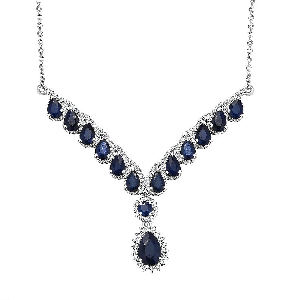 D'Joy Kanchanaburi Blue Sapphire White Zircon Necklace in Rhodium Over Sterling Silver 9.20 ctw (18 Inches)