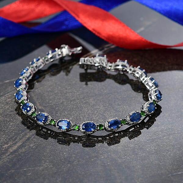 D'Joy Kashmir Kyanite And Chrome Diopside 11.00 Ctw Station Bracelet In Rhodium Over Sterling Silver (7.25 In)