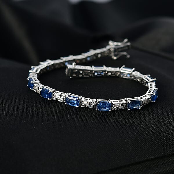 D'Joy Kashmir Kyanite And Moissanite 10.70 Ctw Linear Luxe Bracelet In Rhodium Over Sterling Silver (7.25 In)