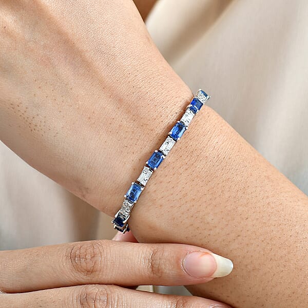 D'Joy Kashmir Kyanite And Moissanite 10.70 Ctw Linear Luxe Bracelet In Rhodium Over Sterling Silver (7.25 In)