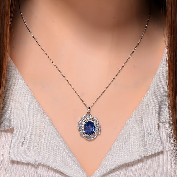 D'Joy Kashmir Kyanite And Moissanite 5.00 Ctw Swirl Halo Pendant Necklace In Rhodium Over Sterling Silver 20 Inches