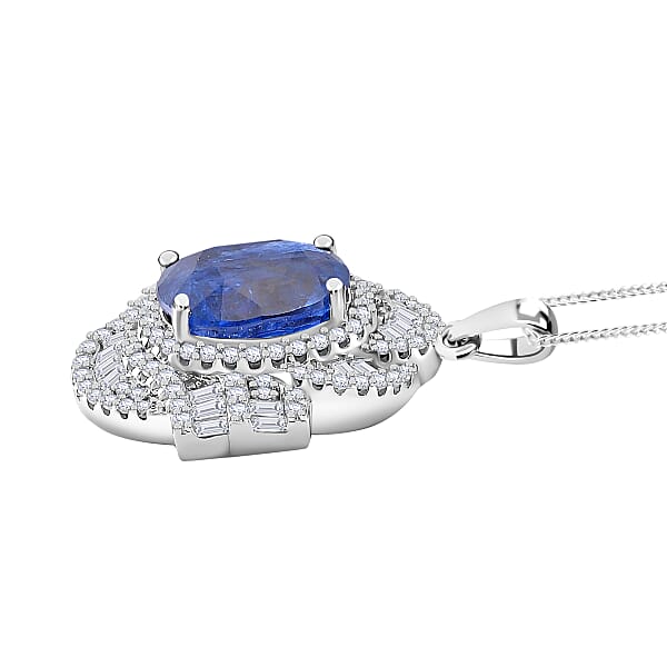 D'Joy Kashmir Kyanite And Moissanite 5.00 Ctw Swirl Halo Pendant Necklace In Rhodium Over Sterling Silver 20 Inches