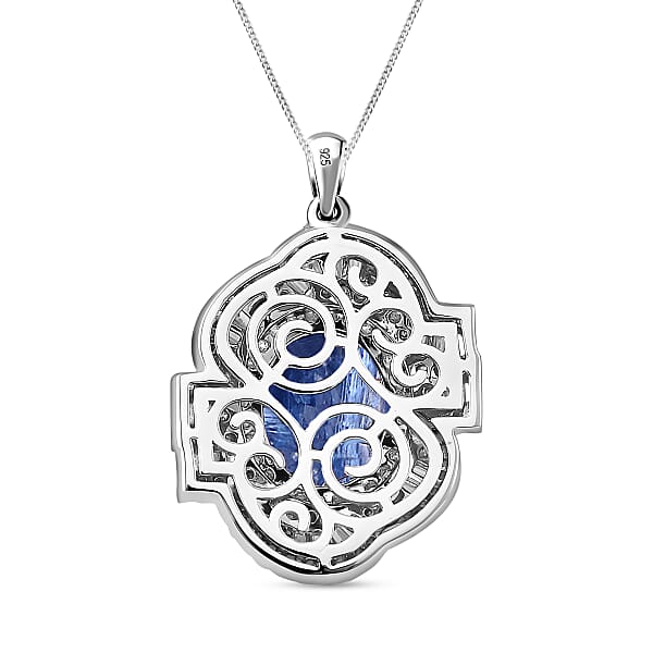 D'Joy Kashmir Kyanite And Moissanite 5.00 Ctw Swirl Halo Pendant Necklace In Rhodium Over Sterling Silver 20 Inches