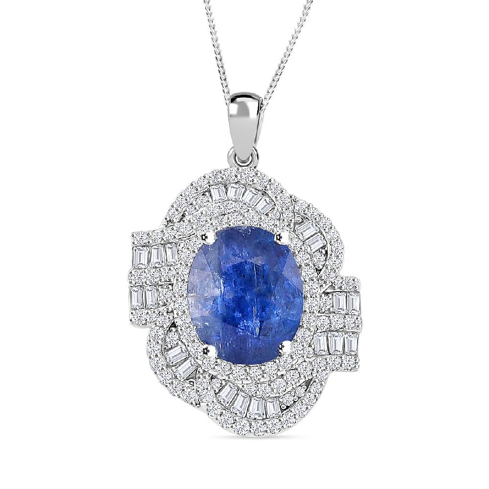 D'Joy Kashmir Kyanite and Moissanite 5.00 ctw Swirl Halo Pendant Necklace in Rhodium Over Sterling Silver 20 Inches