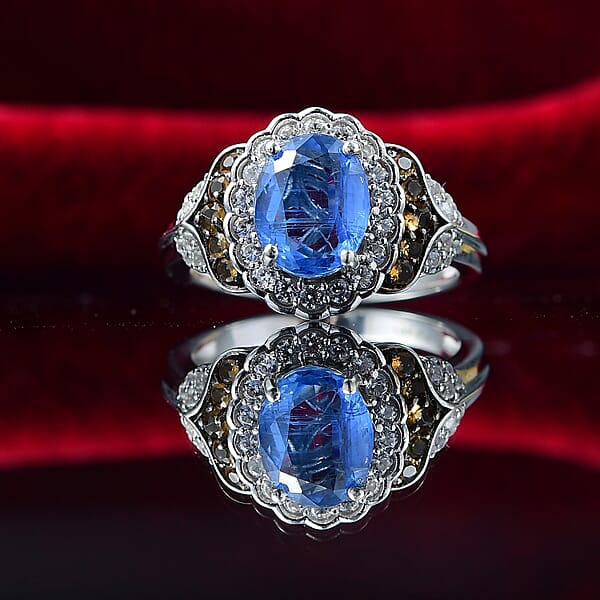 D'Joy Kashmir Kyanite And Multi Gemstone 3.00 Ctw Regal Bloom Ring In Rhodium Over Sterling Silver