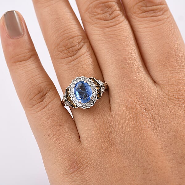 D'Joy Kashmir Kyanite And Multi Gemstone 3.00 Ctw Regal Bloom Ring In Rhodium Over Sterling Silver