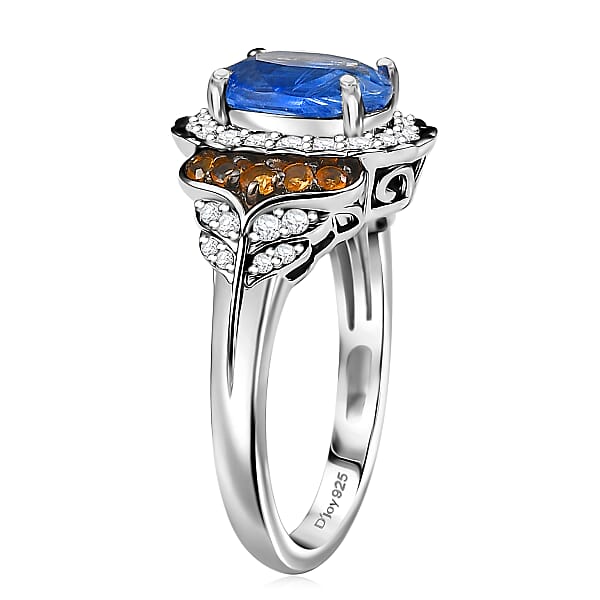 D'Joy Kashmir Kyanite And Multi Gemstone 3.00 Ctw Regal Bloom Ring In Rhodium Over Sterling Silver