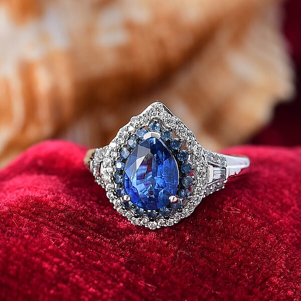 D'Joy Kashmir Kyanite And Multi Gemstone 3.00 Ctw Water Ripples Ring In Rhodium Over Sterling Silver