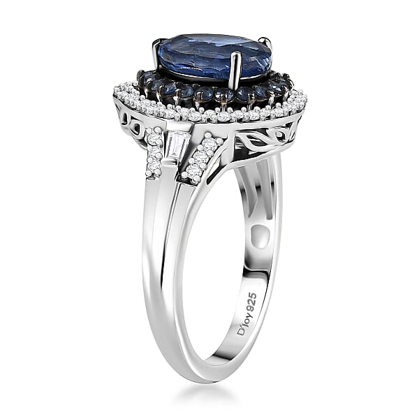 D'Joy Kashmir Kyanite And Multi Gemstone 3.00 Ctw Water Ripples Ring In Rhodium Over Sterling Silver