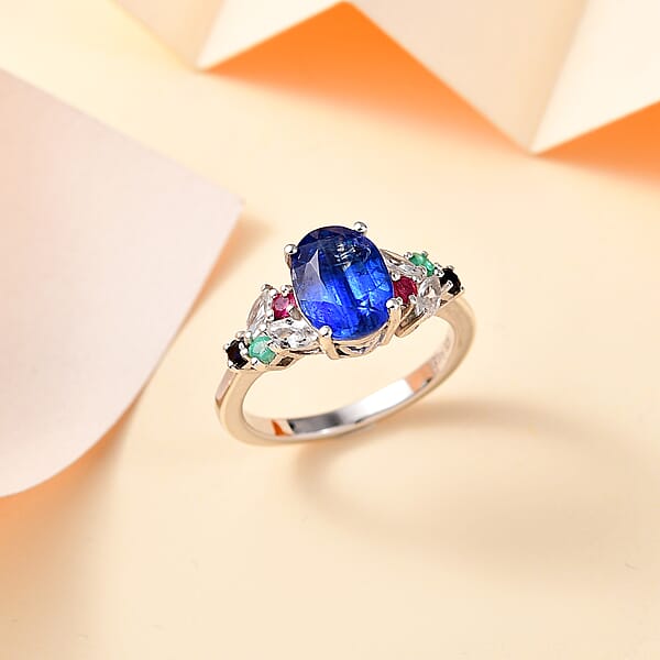 D'Joy Kashmir Kyanite And Multi Gemstone 3.00 Ctw Ring In Rhodium Over Sterling Silver