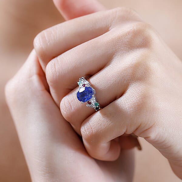 D'Joy Kashmir Kyanite And Multi Gemstone 3.00 Ctw Ring In Rhodium Over Sterling Silver