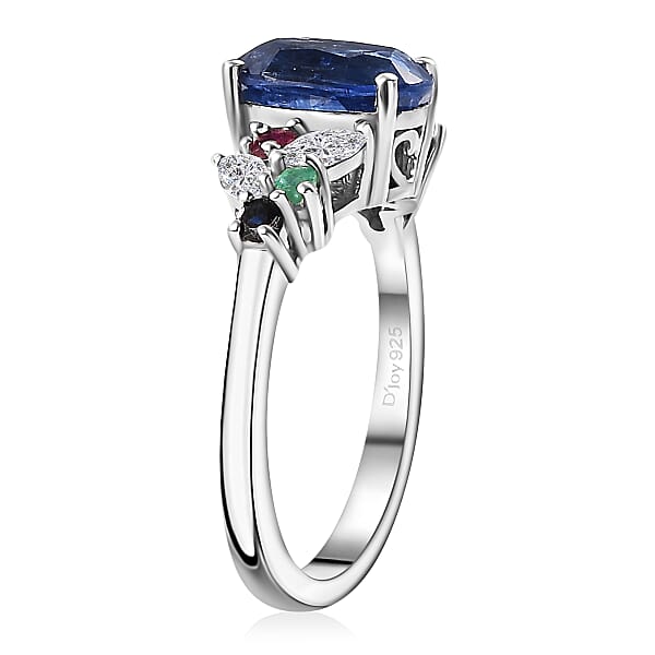 D'Joy Kashmir Kyanite And Multi Gemstone 3.00 Ctw Ring In Rhodium Over Sterling Silver