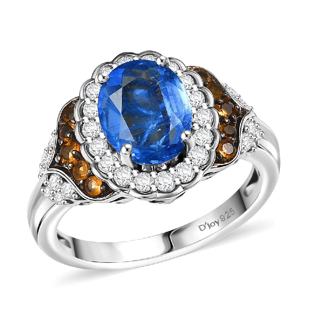 D'Joy Kashmir Kyanite and Multi Gemstone 3.00 ctw Regal Bloom Ring in Rhodium Over Sterling Silver
