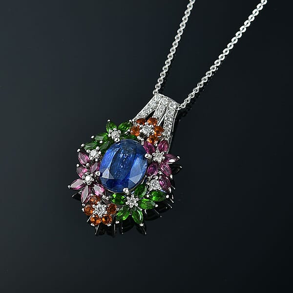 D'Joy Kashmir Kyanite And Multi Gemstone 7.75 Ctw Mystic Garden Pendant Necklace In Rhodium Over Sterling Silver 20 Inches
