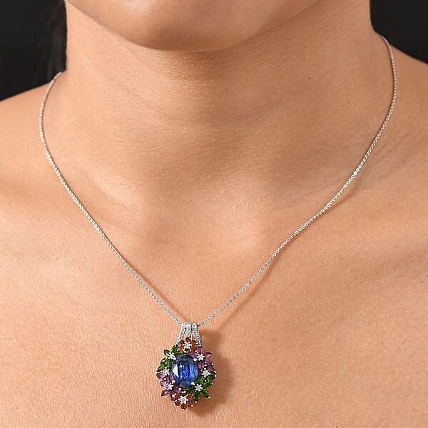 D'Joy Kashmir Kyanite And Multi Gemstone 7.75 Ctw Mystic Garden Pendant Necklace In Rhodium Over Sterling Silver 20 Inches
