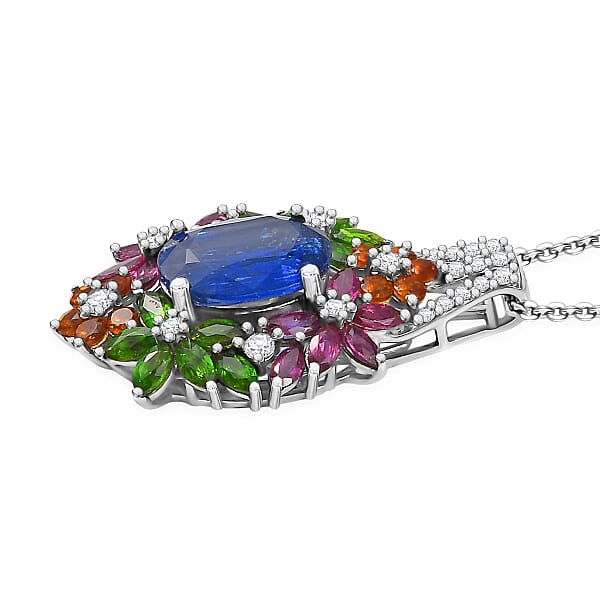 D'Joy Kashmir Kyanite And Multi Gemstone 7.75 Ctw Mystic Garden Pendant Necklace In Rhodium Over Sterling Silver 20 Inches