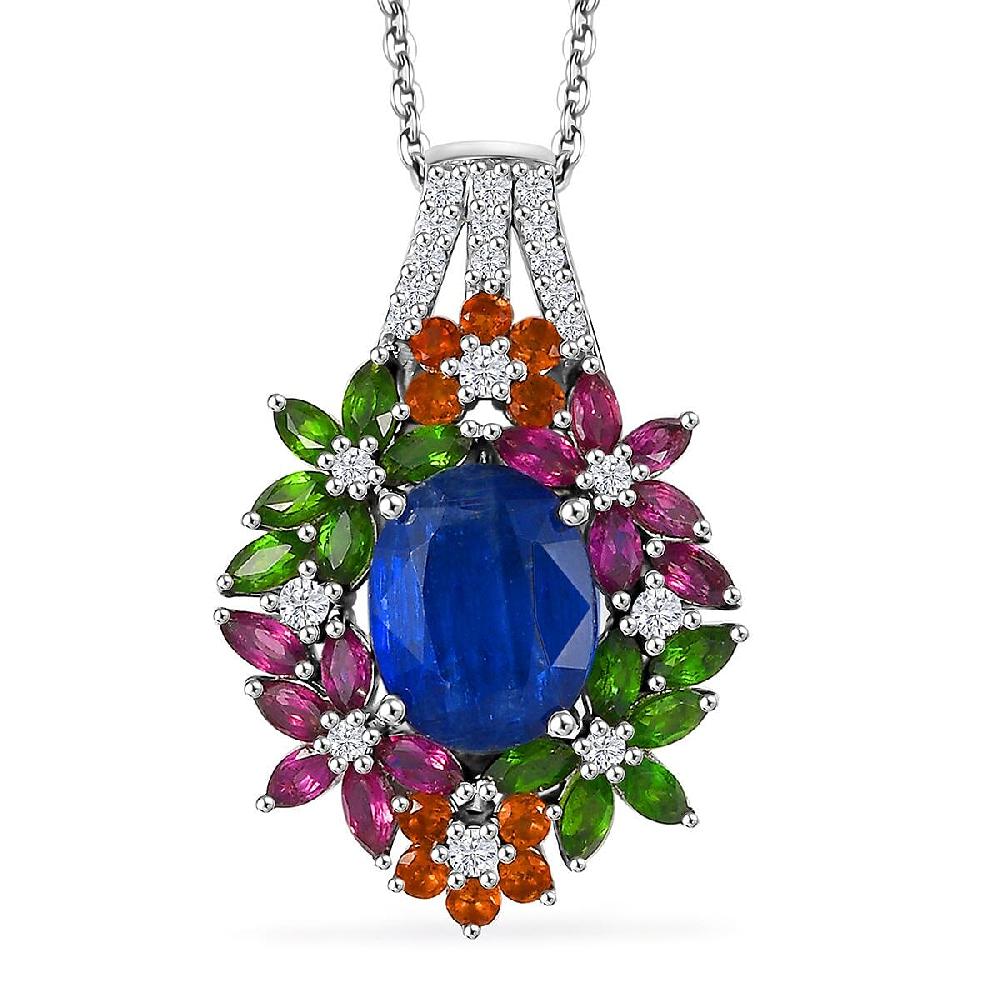 D'Joy Kashmir Kyanite and Multi Gemstone 7.75 ctw Mystic Garden Pendant Necklace in Rhodium Over Sterling Silver 20 Inches