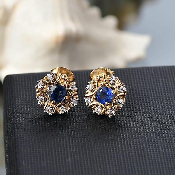 D'Joy Kashmir Kyanite And White Zircon 1.00 Ctw Earrings In 18K Vermeil Yellow Gold Over Sterling Silver