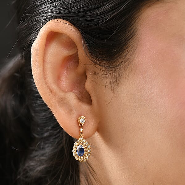 D'Joy Kashmir Kyanite And White Zircon 1.50 Ctw Dangling Earrings In 18K Vermeil YG Over Sterling Silver