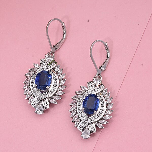 D'Joy Kashmir Kyanite And White Zircon 6.60 Ctw Twilight Crest Earrings In Rhodium Over Sterling Silver