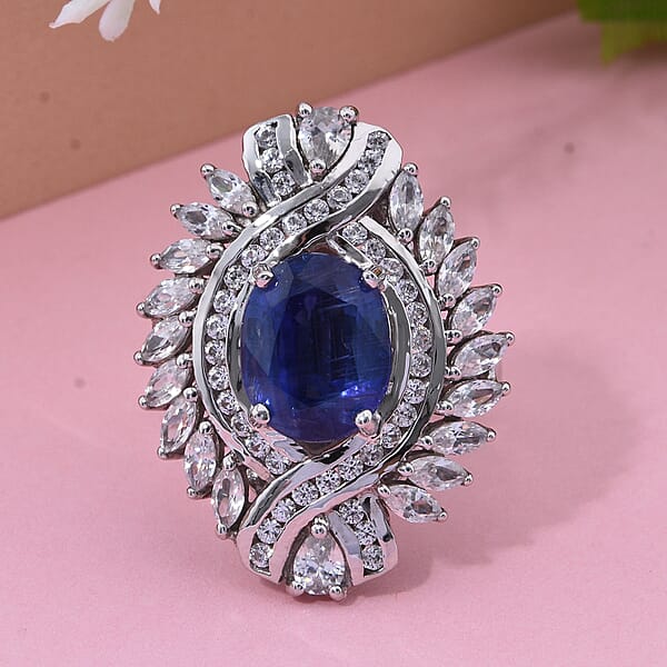 D'Joy Kashmir Kyanite And White Zircon 7.75 Ctw Twilight Crest Ring In Rhodium Over Sterling Silver