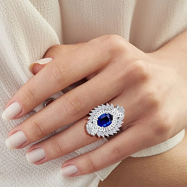 D'Joy Kashmir Kyanite And White Zircon 7.75 Ctw Twilight Crest Ring In Rhodium Over Sterling Silver