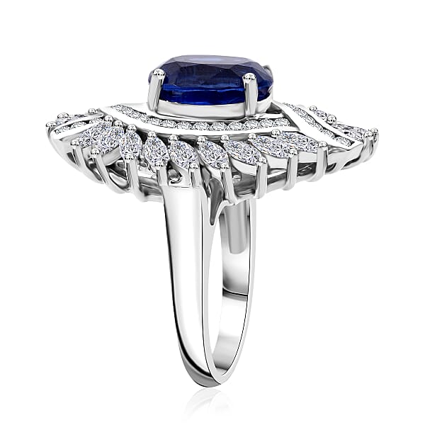 D'Joy Kashmir Kyanite And White Zircon 7.75 Ctw Twilight Crest Ring In Rhodium Over Sterling Silver