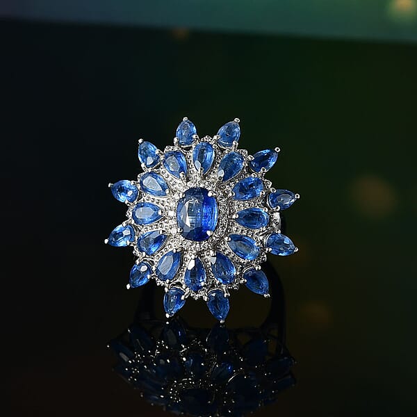 D'Joy Kashmir Kyanite And White Zircon 8.30 Ctw Celestial Bloom Ring In Rhodium Over Sterling Silver