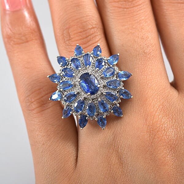D'Joy Kashmir Kyanite And White Zircon 8.30 Ctw Celestial Bloom Ring In Rhodium Over Sterling Silver
