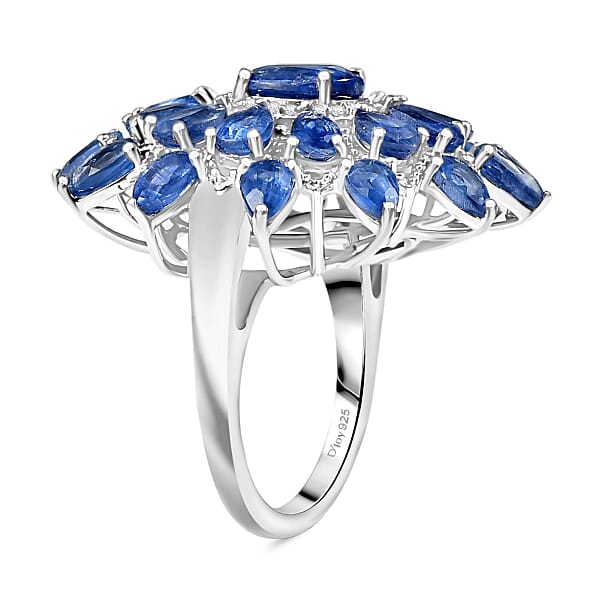 D'Joy Kashmir Kyanite And White Zircon 8.30 Ctw Celestial Bloom Ring In Rhodium Over Sterling Silver