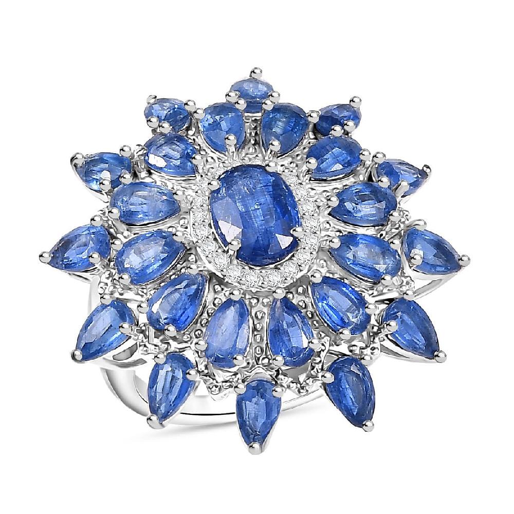 D'Joy Kashmir Kyanite and White Zircon 8.30 ctw Celestial Bloom Ring in Rhodium Over Sterling Silver