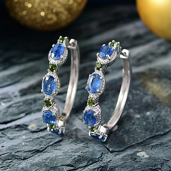 D'Joy Kashmir Kyanite Chrome Diopside Hoop Earrings In Rhodium Over Sterling Silver 5.50 Ctw