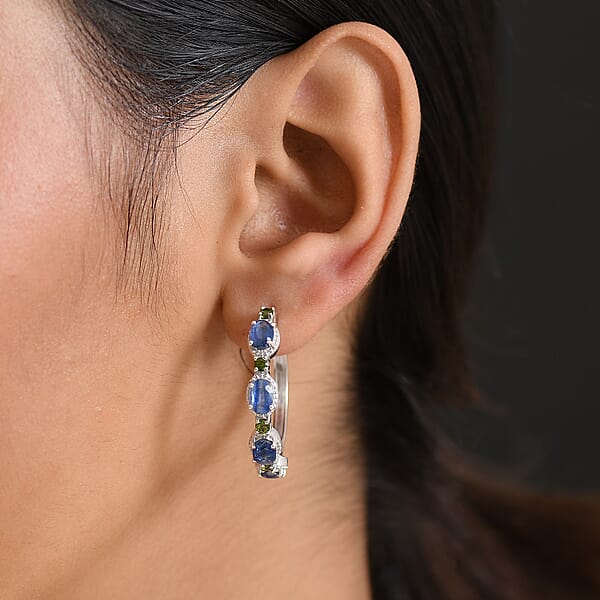 D'Joy Kashmir Kyanite Chrome Diopside Hoop Earrings In Rhodium Over Sterling Silver 5.50 Ctw