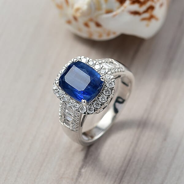 D'Joy Kashmir Kyanite Moissanite Ring In Rhodium Over Sterling Silver 4.50 Ctw