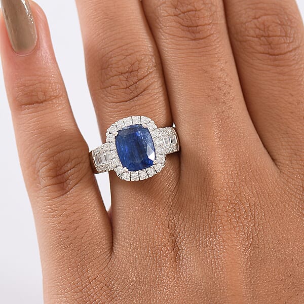 D'Joy Kashmir Kyanite Moissanite Ring In Rhodium Over Sterling Silver 4.50 Ctw