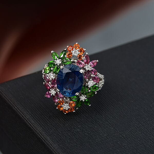 D'Joy Kashmir Kyanite Multi Gemstone Mystic Garden Ring In Rhodium Over Sterling Silver 7.40 Ctw
