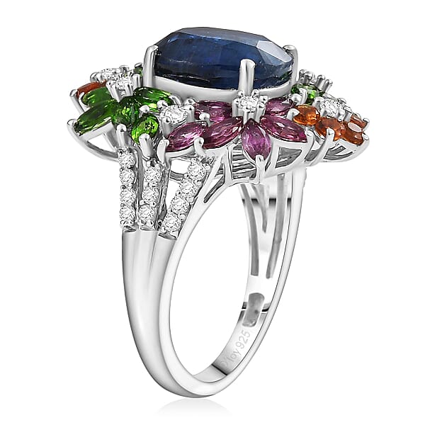 D'Joy Kashmir Kyanite Multi Gemstone Mystic Garden Ring In Rhodium Over Sterling Silver 7.40 Ctw