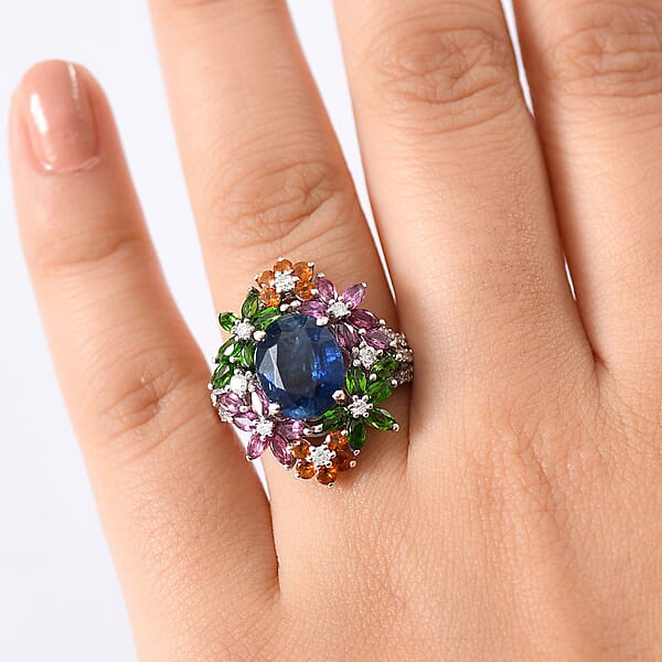 D'Joy Kashmir Kyanite Multi Gemstone Mystic Garden Ring In Rhodium Over Sterling Silver 7.40 Ctw