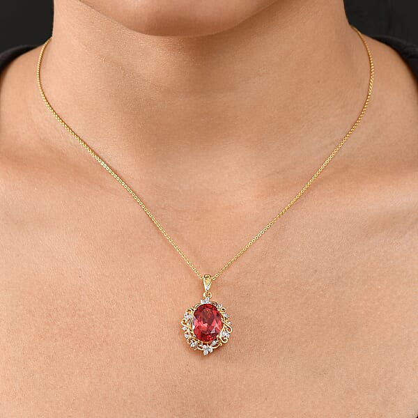 D'Joy Lab Created Padparadscha Sapphire And White Zircon 8.80 Ctw Pendant Necklace 20 Inches In 18K Vermeil Yellow Gold Over Sterling Silver