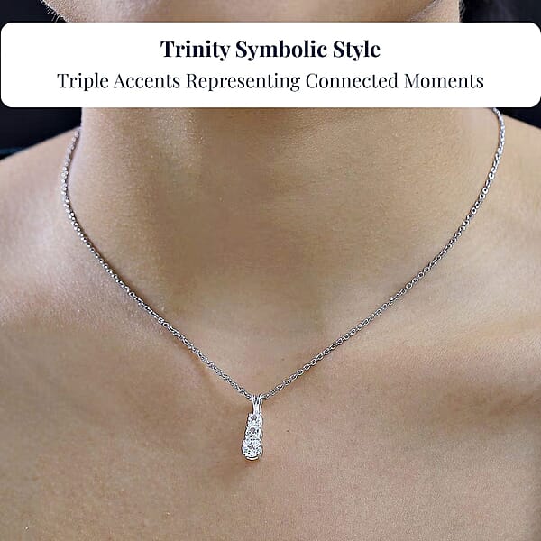 D'Joy Lab Created White Sapphire 1.20 Ctw Trinity Pendant In Sterling Silver With Stainless Steel Necklace 20 Inches