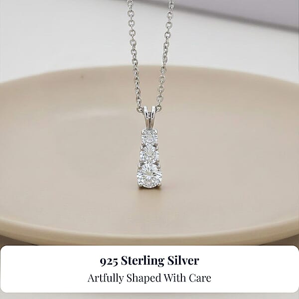 D'Joy Lab Created White Sapphire 1.20 Ctw Trinity Pendant In Sterling Silver With Stainless Steel Necklace 20 Inches