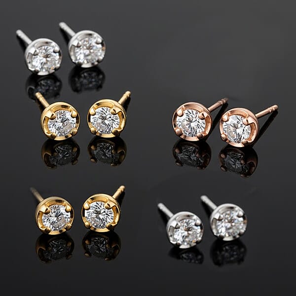D'Joy Lab Grown Diamond I2 1.00 Ctw Set Of 5 Solitaire Stud Earrings In 18K Vermeil Yellow Rose Gold And Platinum Over Sterling Silver