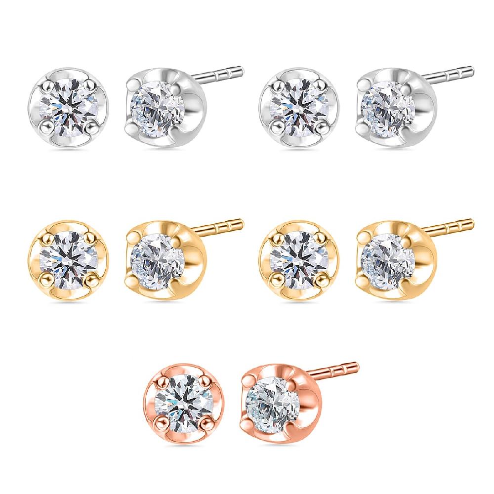 D'Joy Lab Grown Diamond I2 1.00 ctw Set of 5 Solitaire Stud Earrings in 18K Vermeil Yellow Rose Gold and Platinum Over Sterling Silver