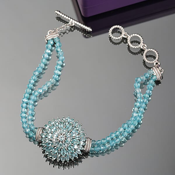 D'Joy Lagoon Apatite 31.00 Ctw Chrysanthemum Flower Bracelet In Rhodium Over Sterling (6.50-8.0In)