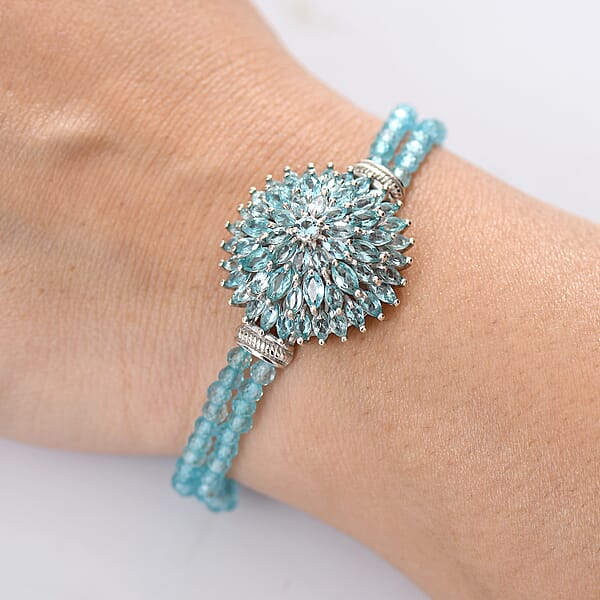 D'Joy Lagoon Apatite 31.00 Ctw Chrysanthemum Flower Bracelet In Rhodium Over Sterling (6.50-8.0In)